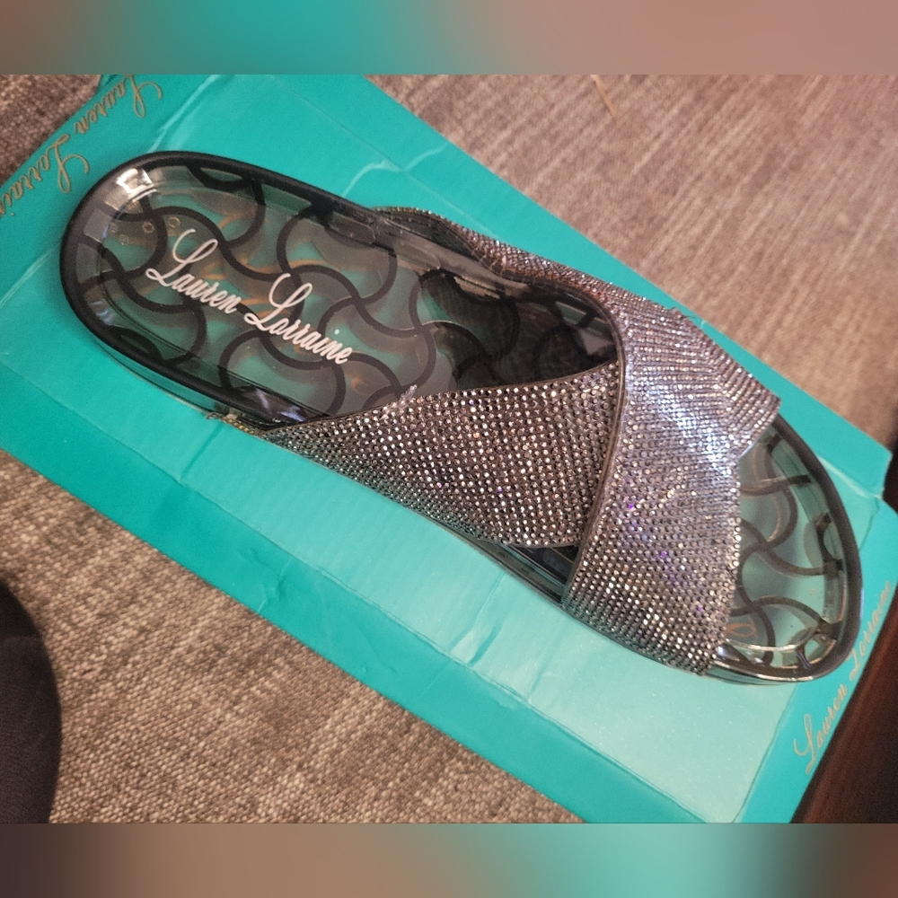 Lauren Lorraine Glittering Silver‎ Slide Sandals Jelly Black Size XL